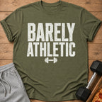 Green t-shirt with "Barely Athletic" and dumbbell graphic.