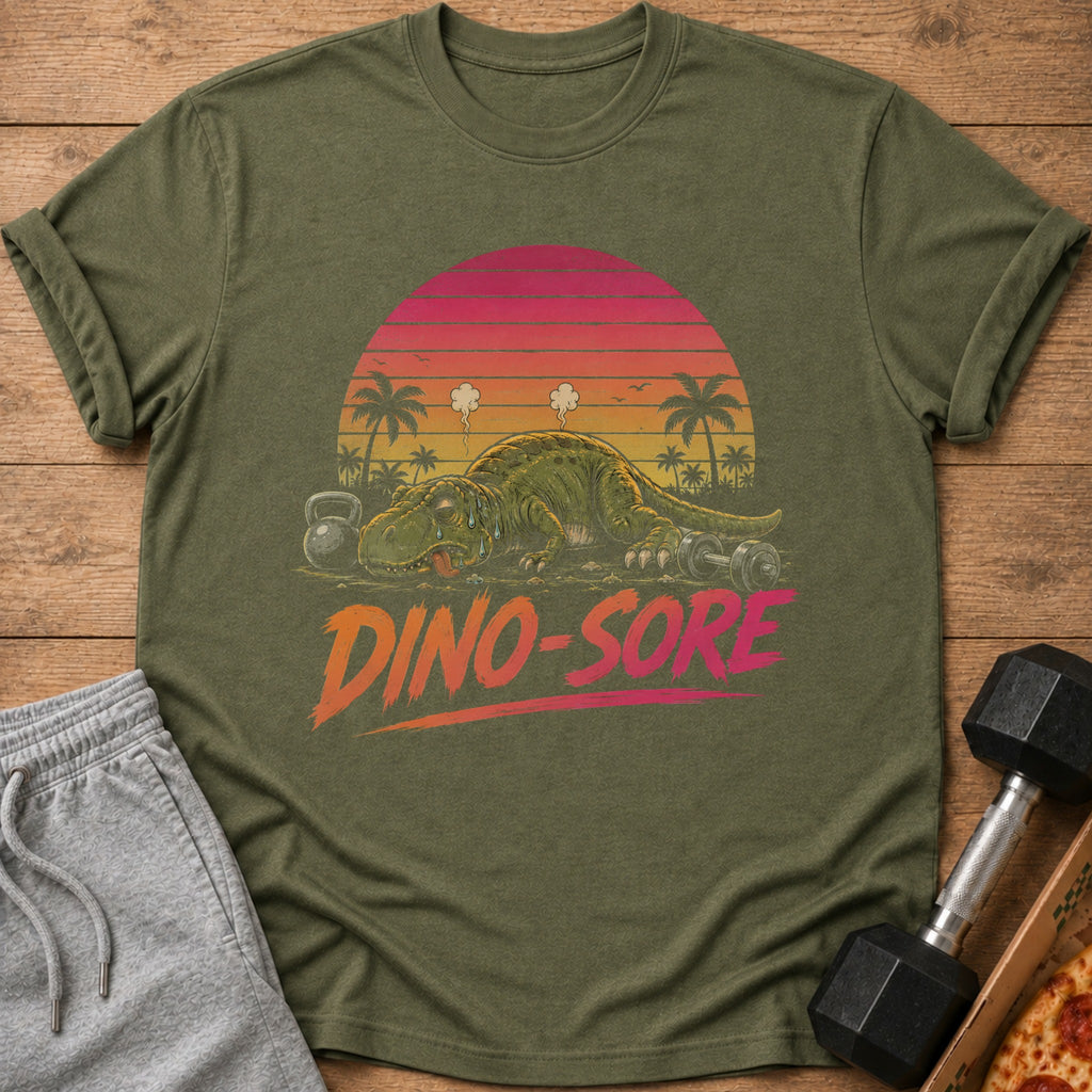 Green t-shirt with a graphic of a tired dinosaur and the text "DINO-SORE".