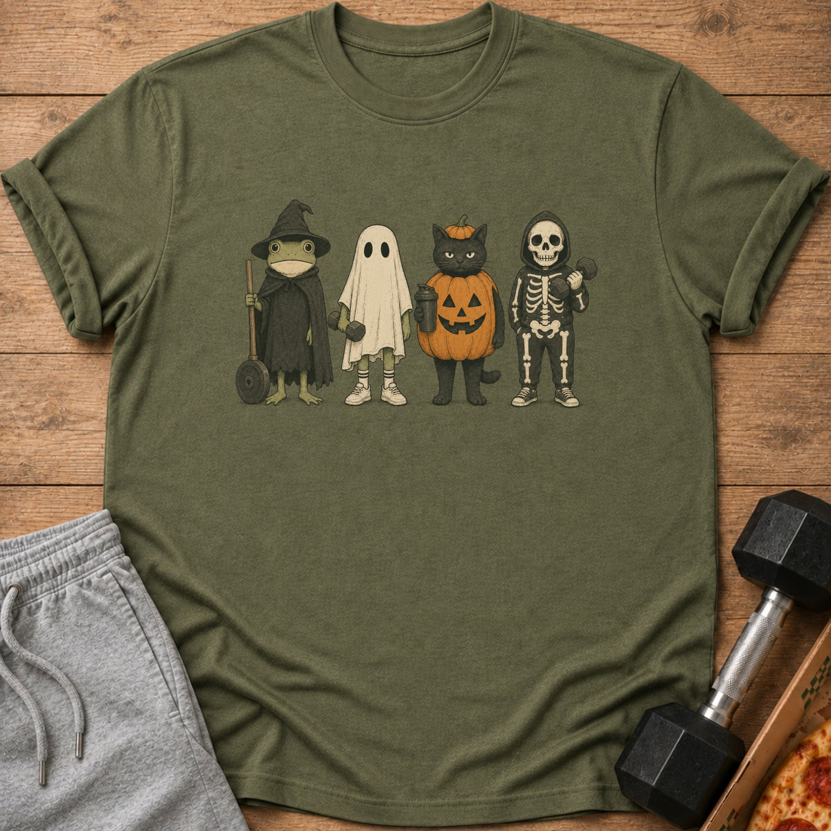 Frog wizard, ghost, cat pumpkin, and skeleton lifting weights on t-shirt.