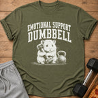Green t-shirt with "Emotional Support Dumbbell" text and hamster holding dumbbell.