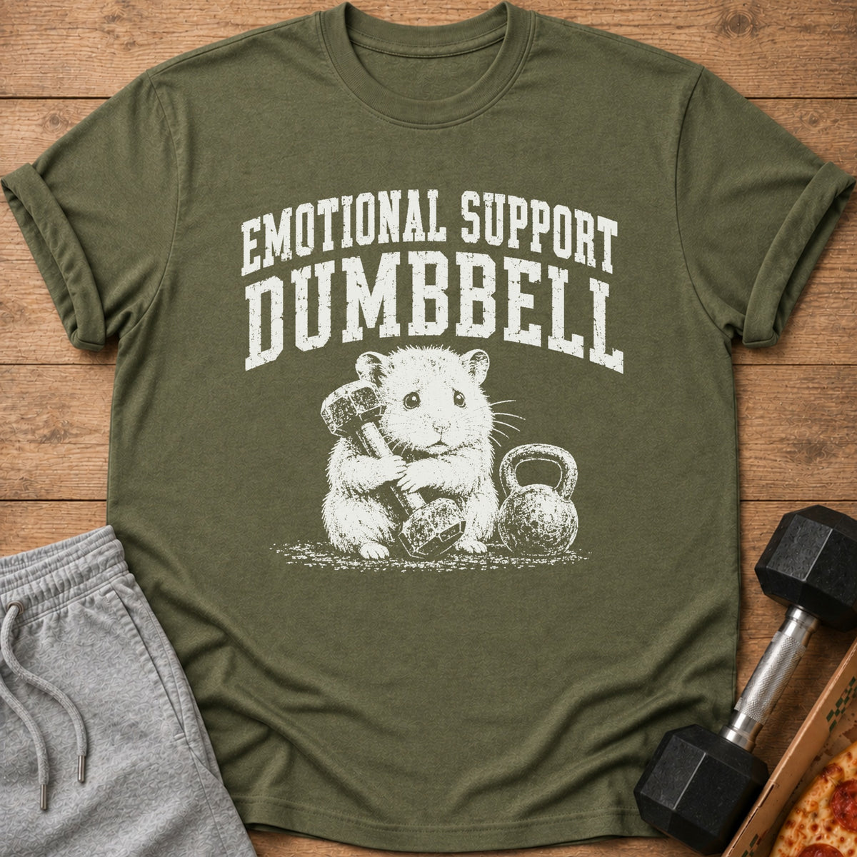 Green t-shirt with "Emotional Support Dumbbell" text and hamster holding dumbbell.