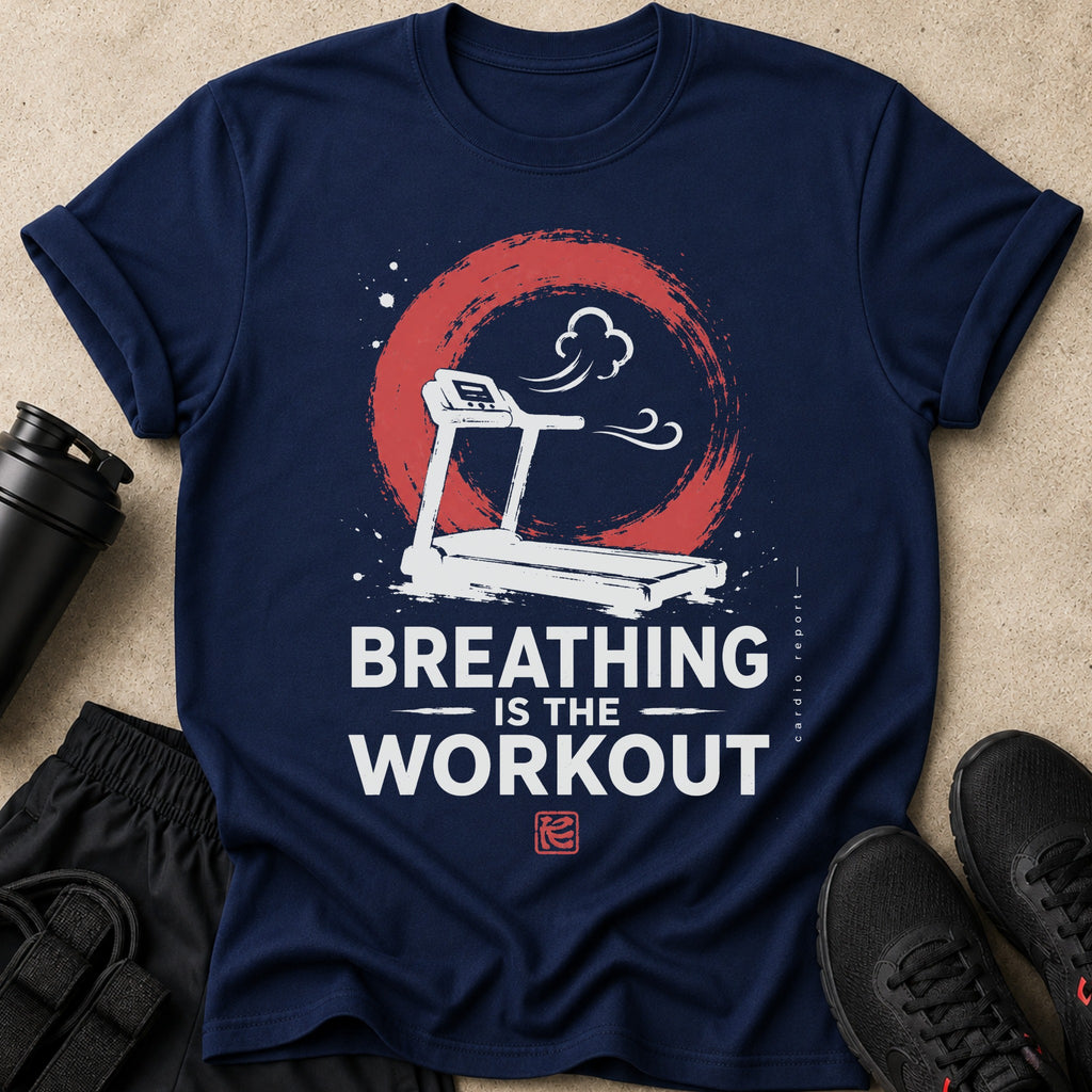 Navy t-shirt with treadmill graphic and text: Breathing is the Workout.