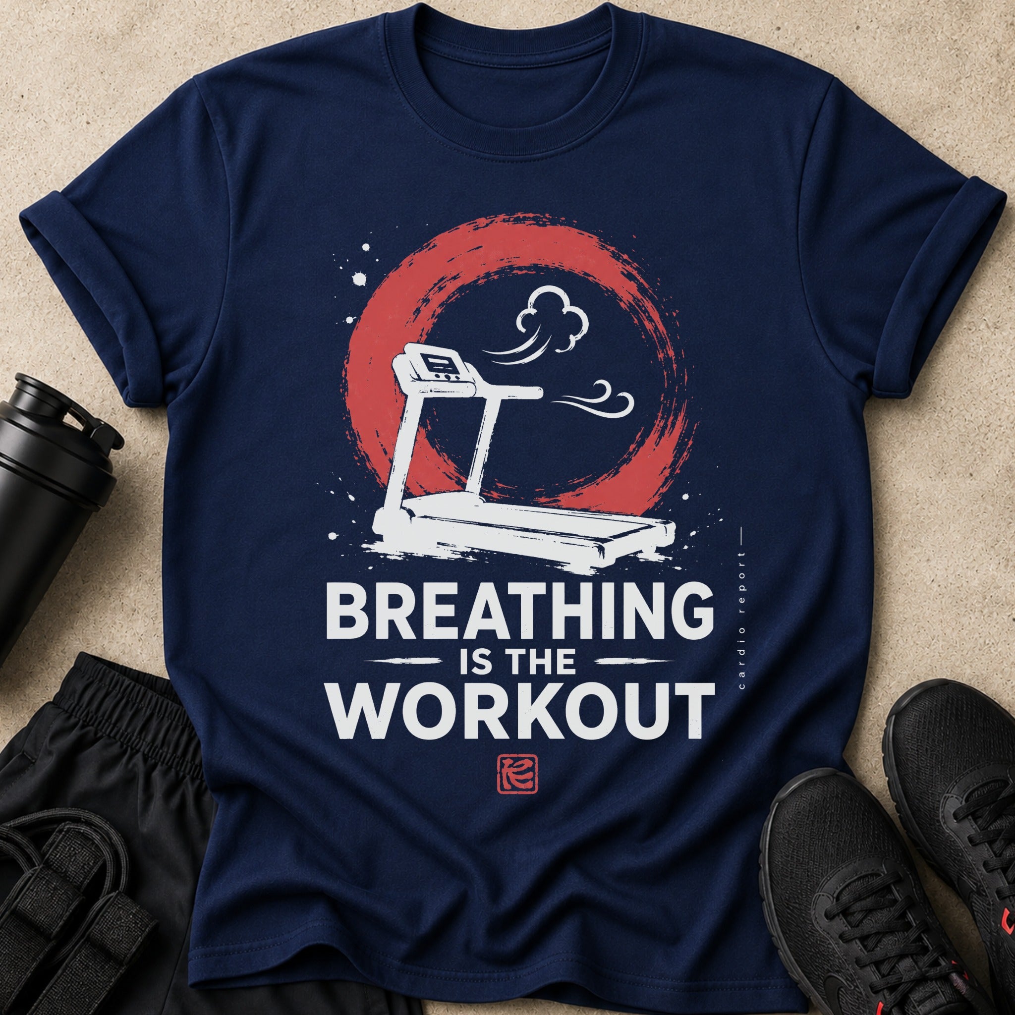 Navy t-shirt with treadmill graphic and text: Breathing is the Workout.