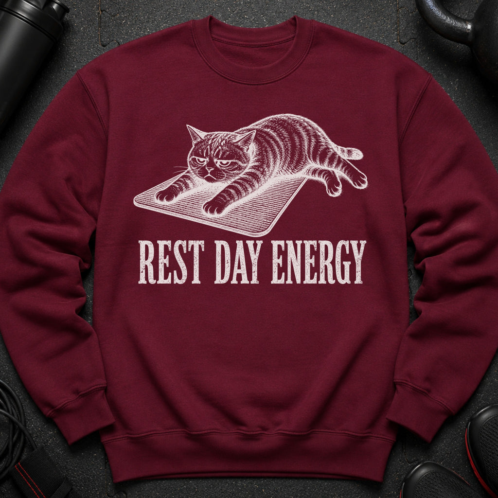 Maroon sweatshirt with a white graphic of a cat on a mat and the text "REST DAY ENERGY".