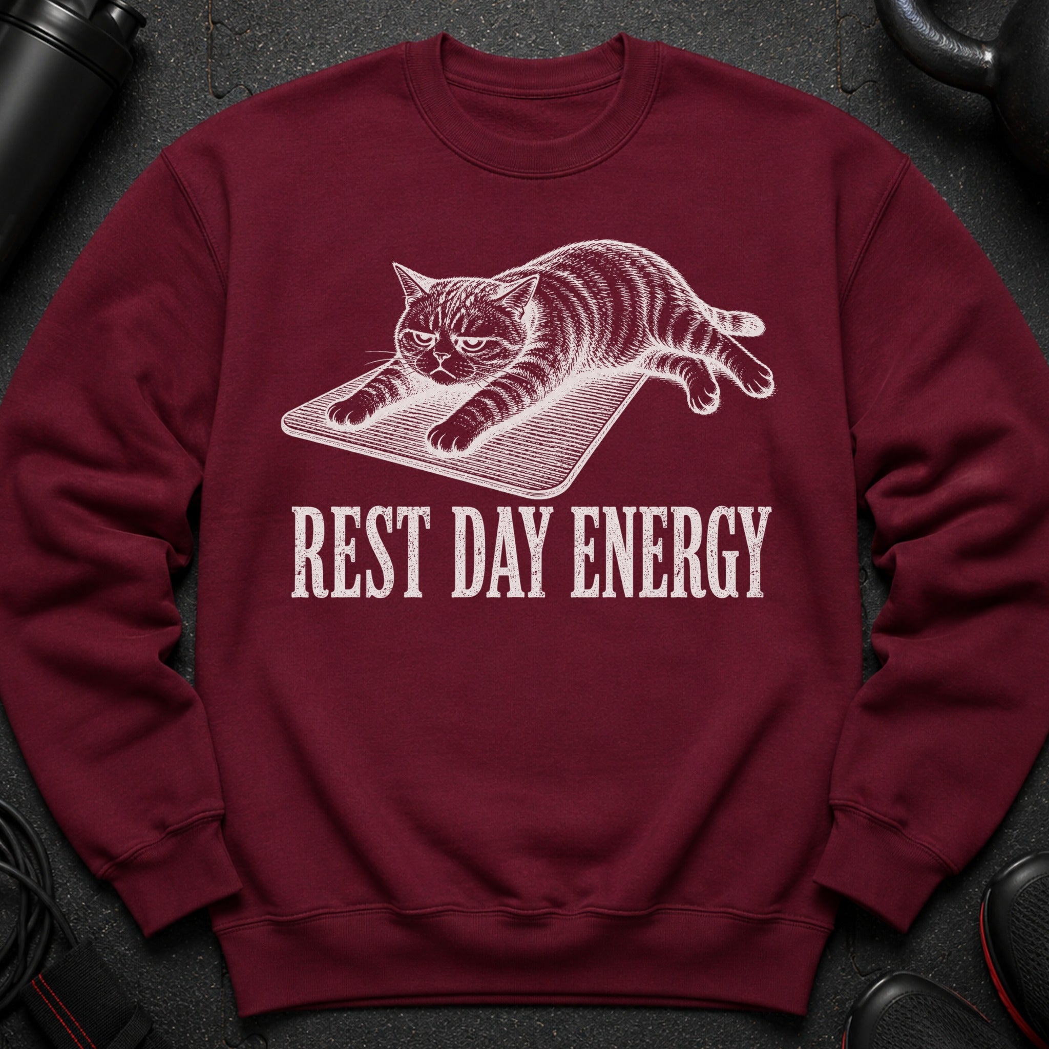 Maroon sweatshirt with a white graphic of a cat on a mat and the text "REST DAY ENERGY".