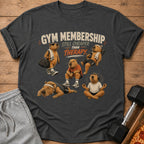 T-shirt graphic with capybaras in gym and meditation poses, text reads "Gym Membership Still Cheaper Than Therapy".