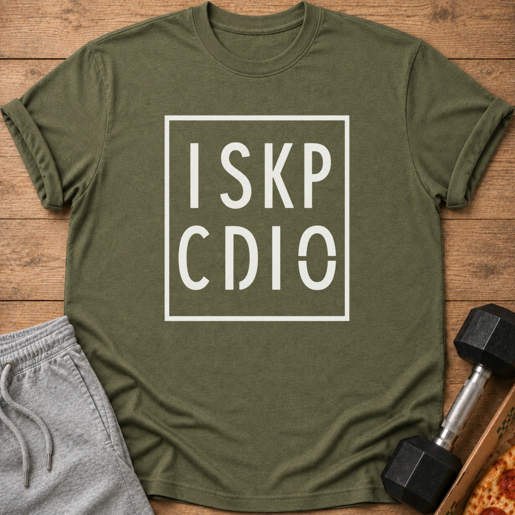 Olive green t-shirt with white text "ISKP CDIO" in a box.