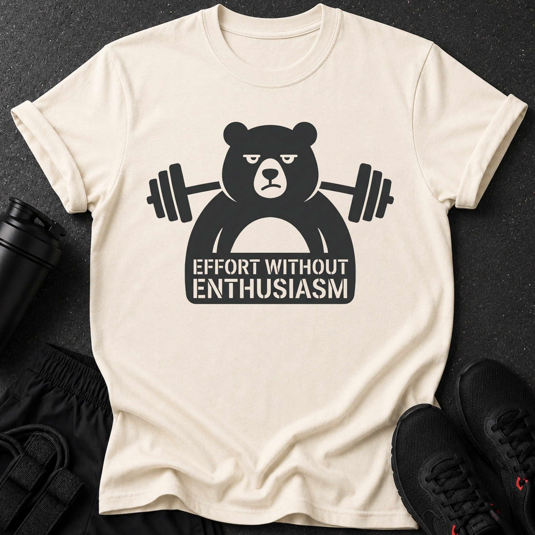 Cream t-shirt with a black graphic of a bear lifting weights and the text "Effort Without Enthusiasm".