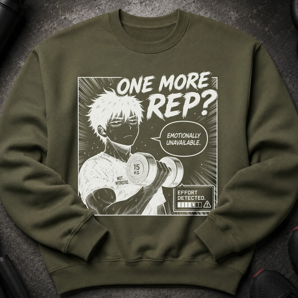 Green sweatshirt with anime design: man lifting weight, "One More Rep?" text.