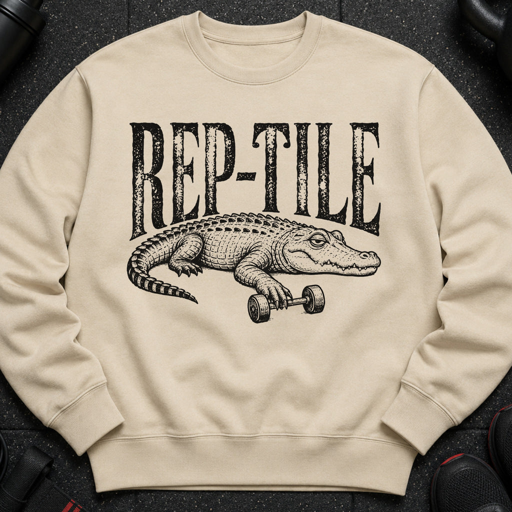 Crewneck sweatshirt with black text "REP-TILE" and an alligator holding a dumbbell.