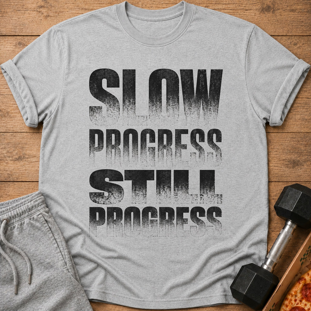 Grey t-shirt with "SLOW PROGRESS STILL PROGRESS" text, shorts, dumbbell, and pizza.