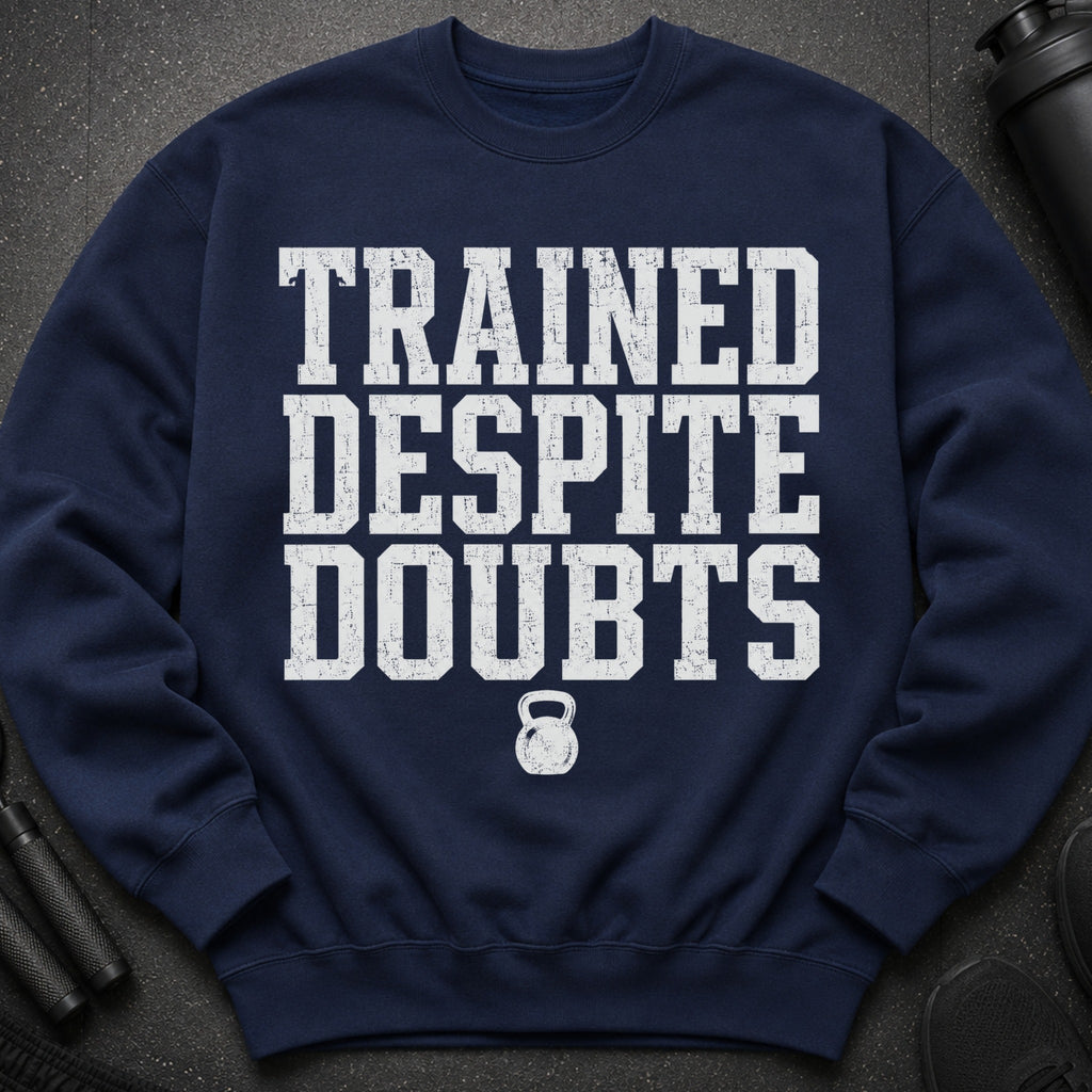 Navy sweatshirt with "TRAINED DESPITE DOUBTS" text and kettlebell graphic.