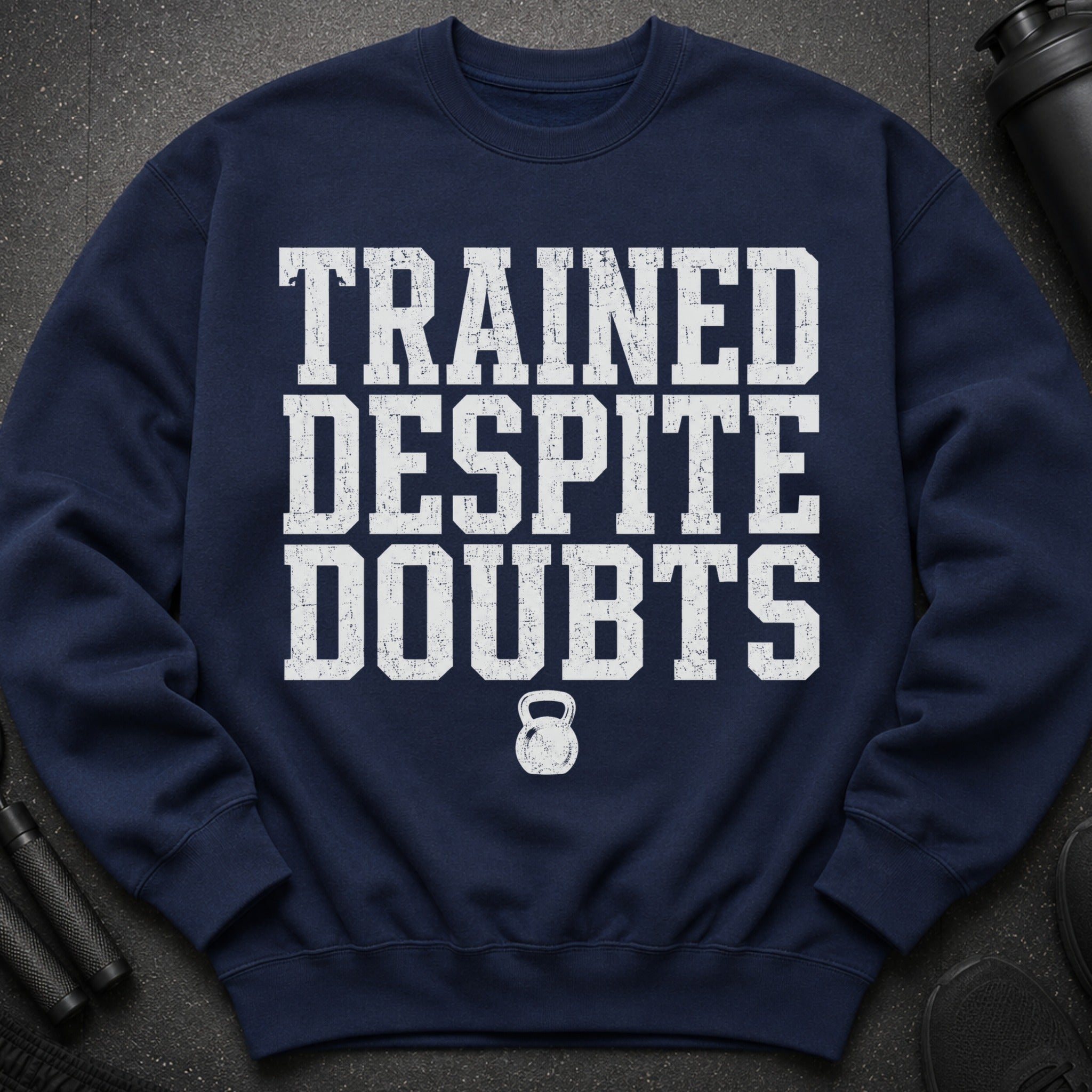 Navy sweatshirt with "TRAINED DESPITE DOUBTS" text and kettlebell graphic.