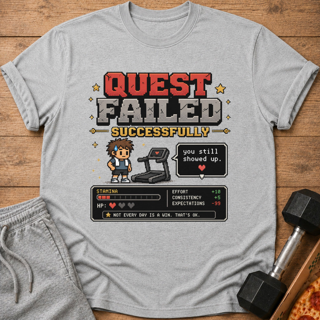 Gray t-shirt with pixelated "Quest Failed Successfully" and workout stats.