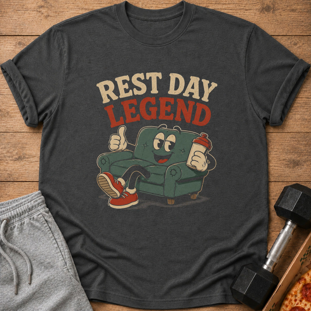 Dark grey t-shirt with "REST DAY LEGEND" text and cartoon character on couch.