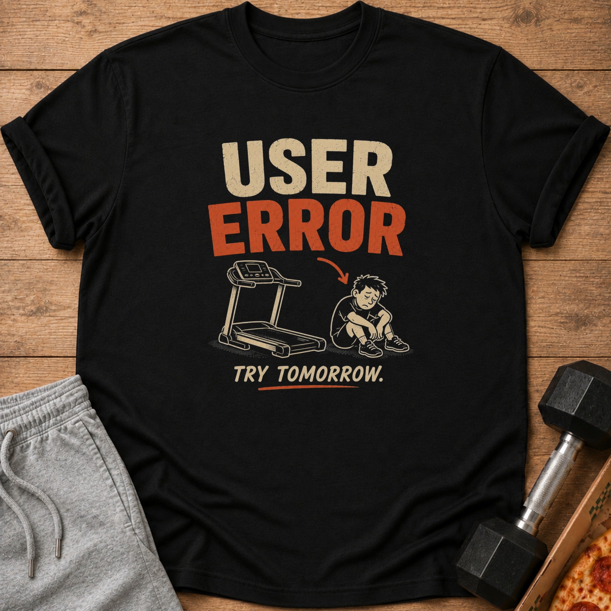 Black t-shirt with "USER ERROR" text, a sad figure by a treadmill, and "TRY TOMORROW."