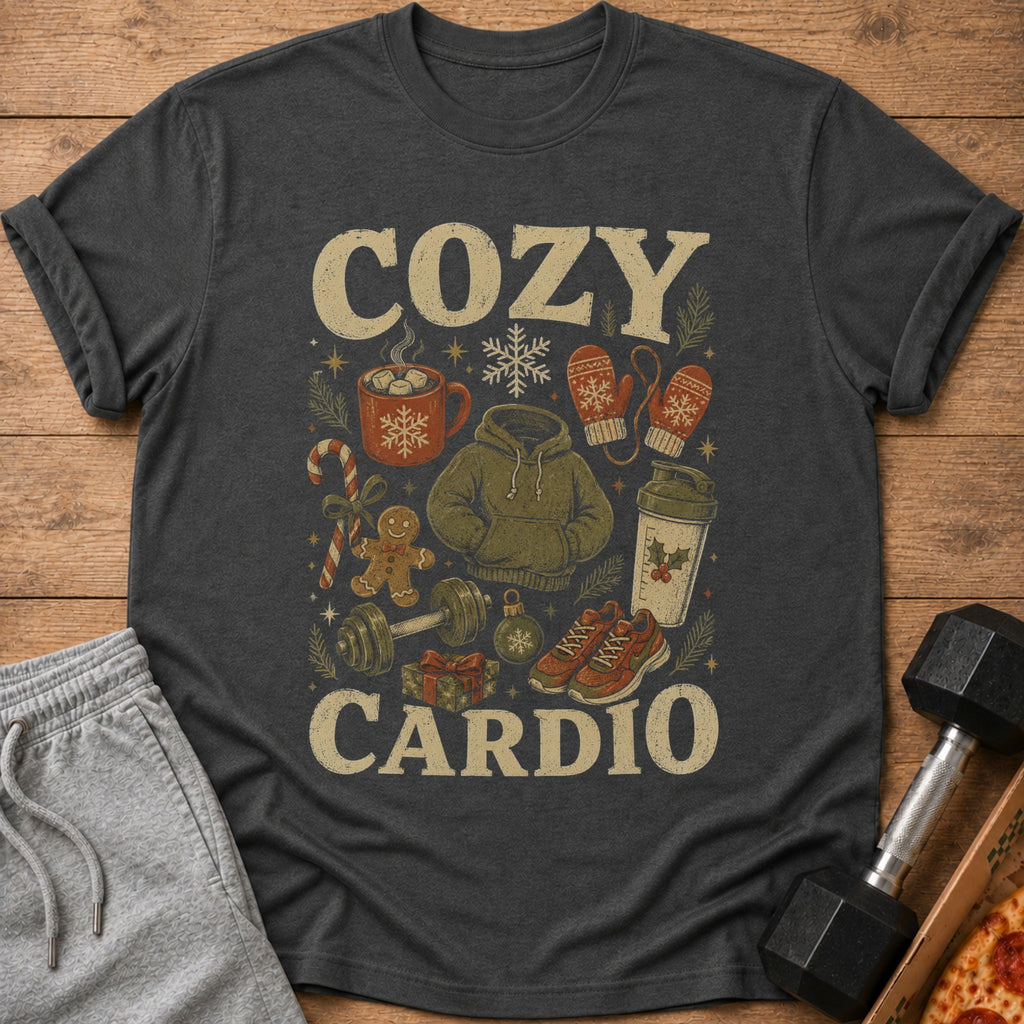 Dark grey t-shirt with "COZY CARDIO" text and winter-themed fitness graphics.