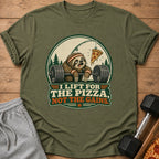 Sloth lifting weights with pizza hanging above, text "I lift for the pizza, not the gains".
