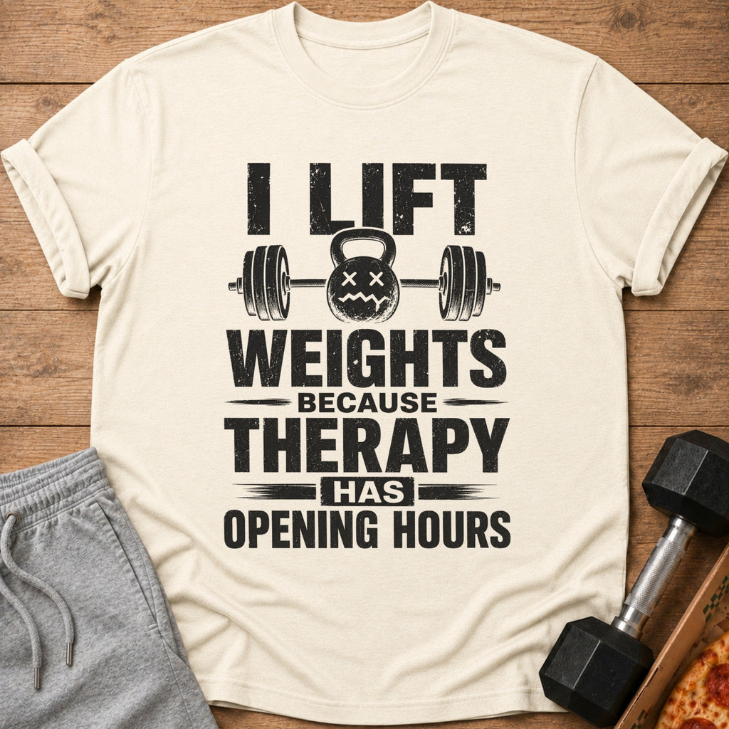 Cream t-shirt with distressed black text and graphics about lifting weights.