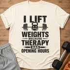 Cream t-shirt with distressed black text and graphics about lifting weights.