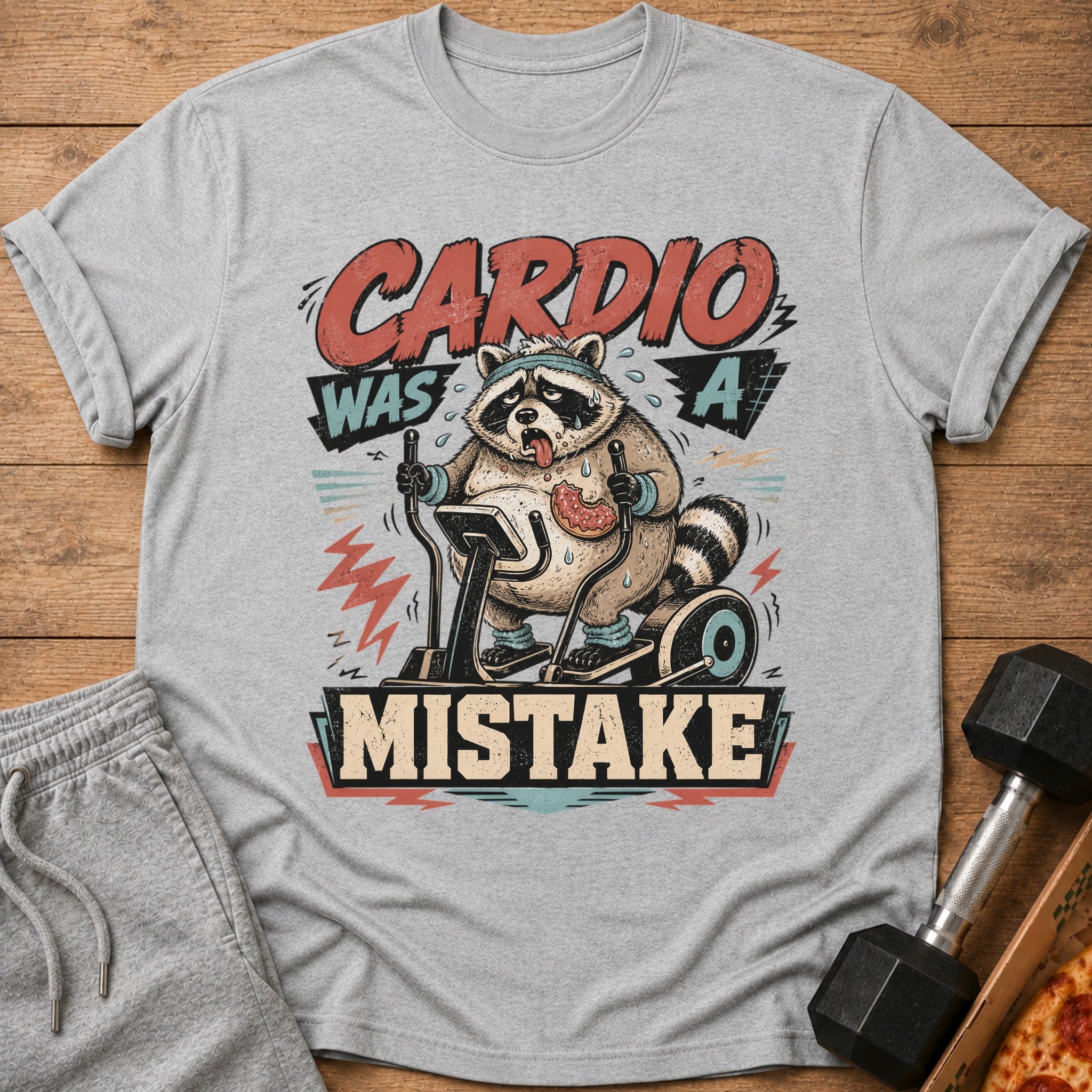 T-shirt with graphic of raccoon on elliptical, "Cardio Was A Mistake" text.