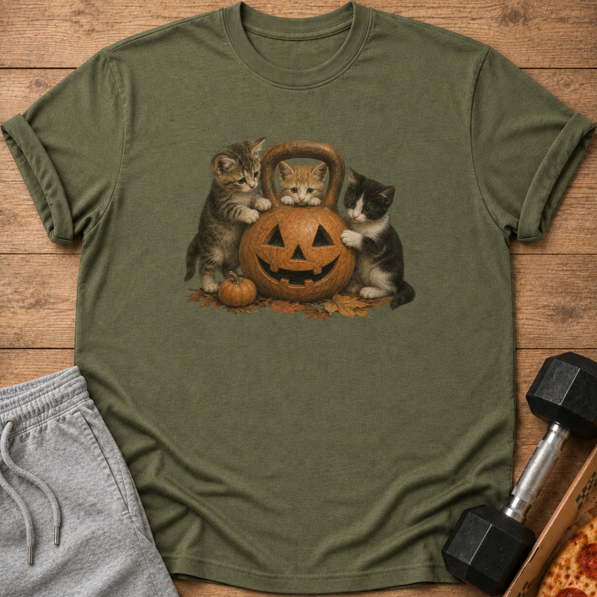 Three kittens surround a jack-o'-lantern kettlebell on a t-shirt.