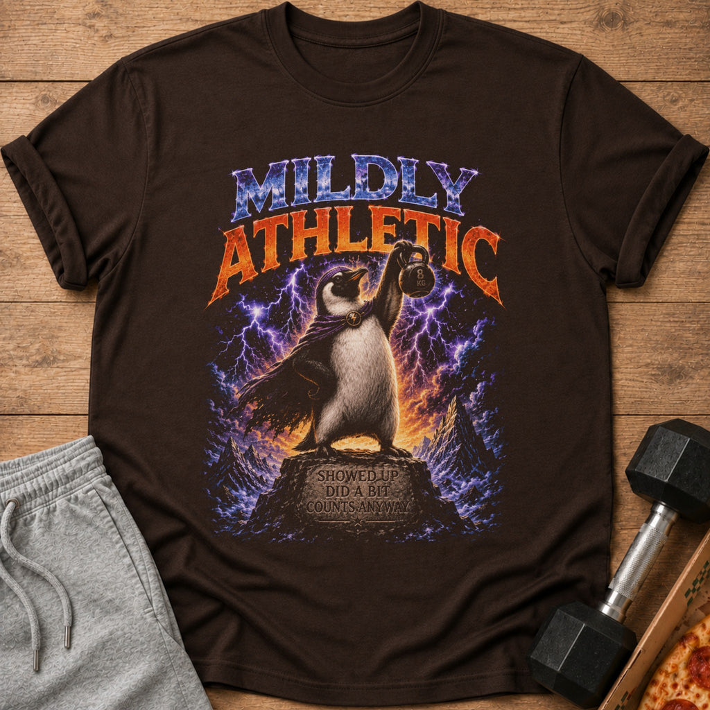 Penguin in cape lifts kettlebell with text "MILDLY ATHLETIC" and "SHOWED UP DID A BIT COUNTS ANYWAY".