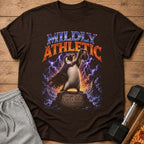 Penguin in cape lifts kettlebell with text "MILDLY ATHLETIC" and "SHOWED UP DID A BIT COUNTS ANYWAY".