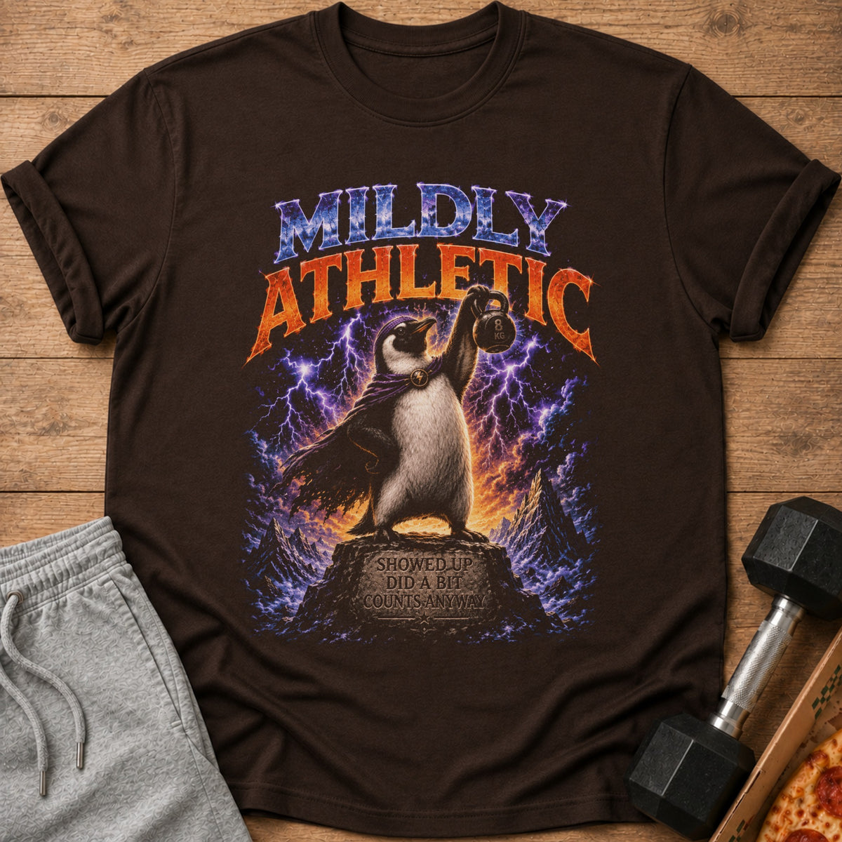 Penguin in cape lifts kettlebell with text "MILDLY ATHLETIC" and "SHOWED UP DID A BIT COUNTS ANYWAY".