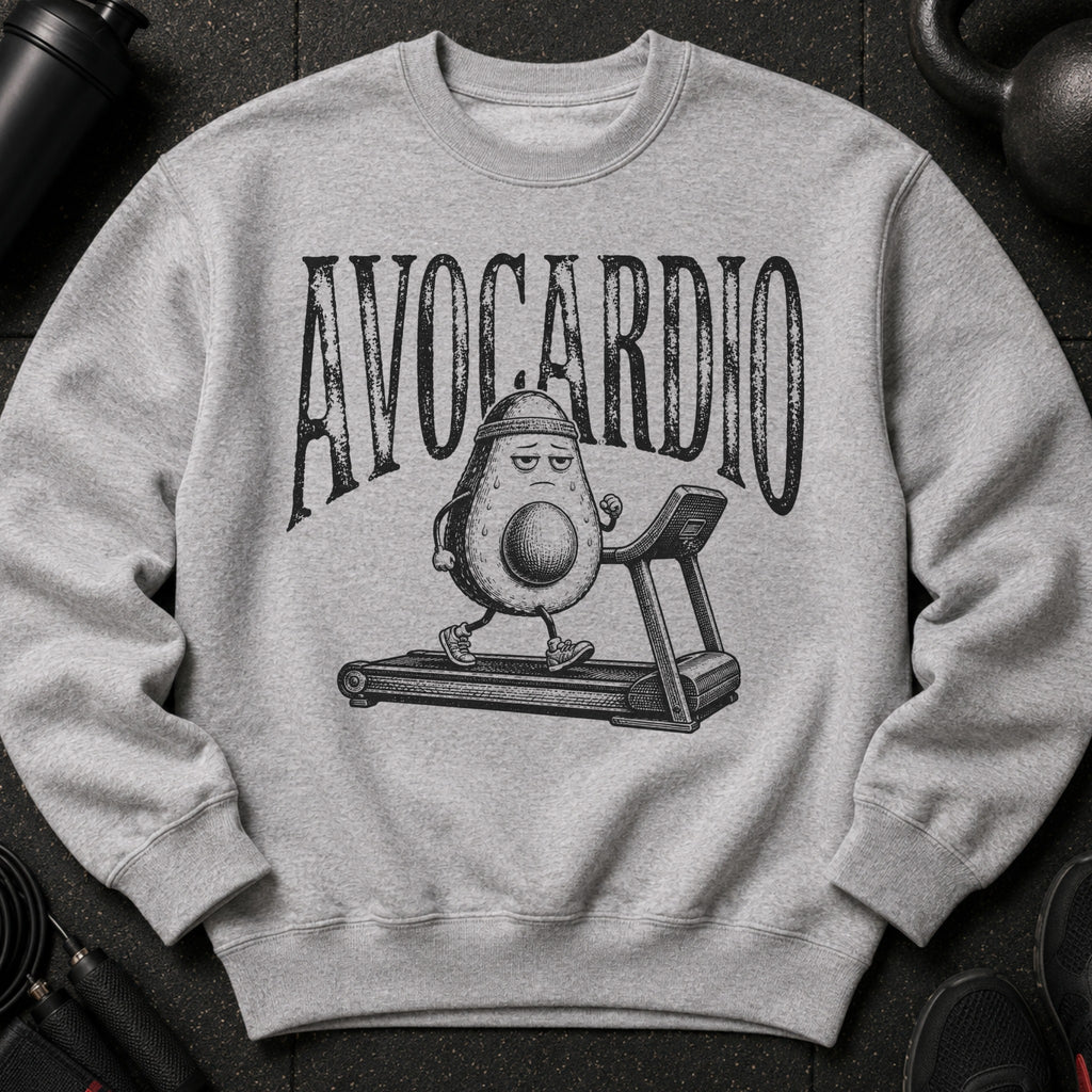Grey sweatshirt with distressed print of avocado running on treadmill, text "AVOCARDIO".