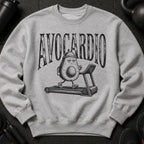 Grey sweatshirt with distressed print of avocado running on treadmill, text "AVOCARDIO".