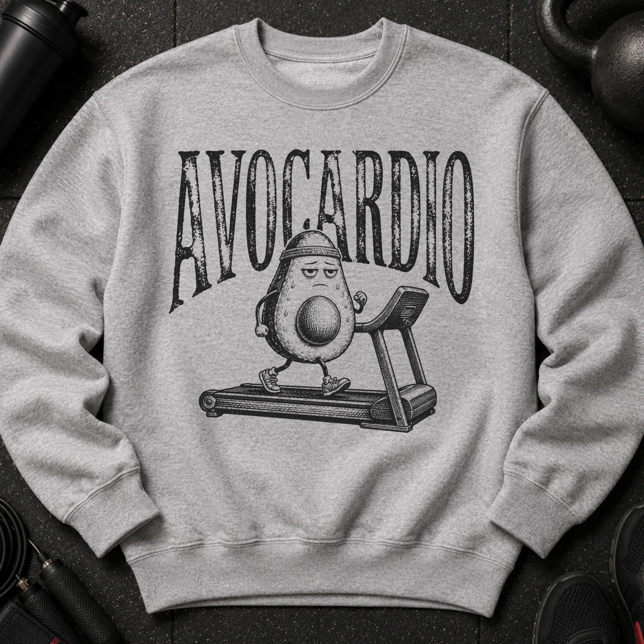 Grey sweatshirt with distressed print of avocado running on treadmill, text "AVOCARDIO".