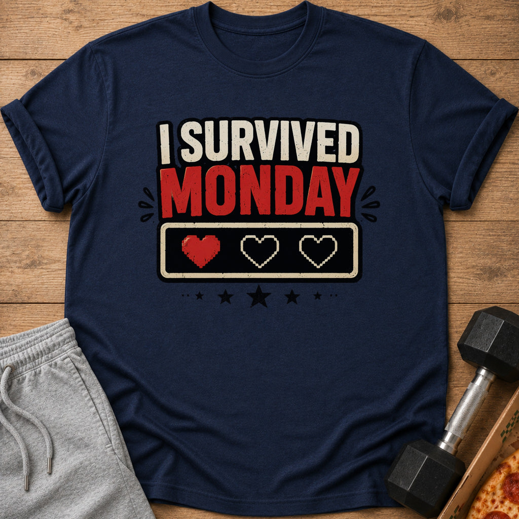 Navy t-shirt with "I Survived Monday" and pixelated heart icons.