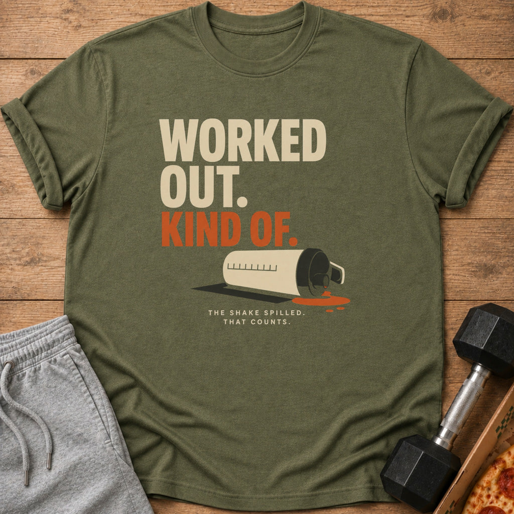 Olive green t-shirt with text "WORKED OUT. KIND OF." and spilled shake graphic.