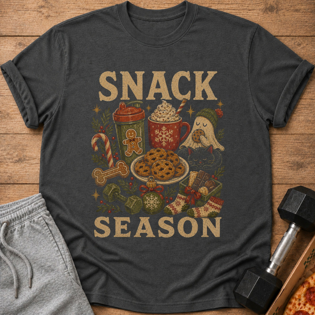 T-shirt with "SNACK SEASON" text and holiday-themed snacks and gym items.