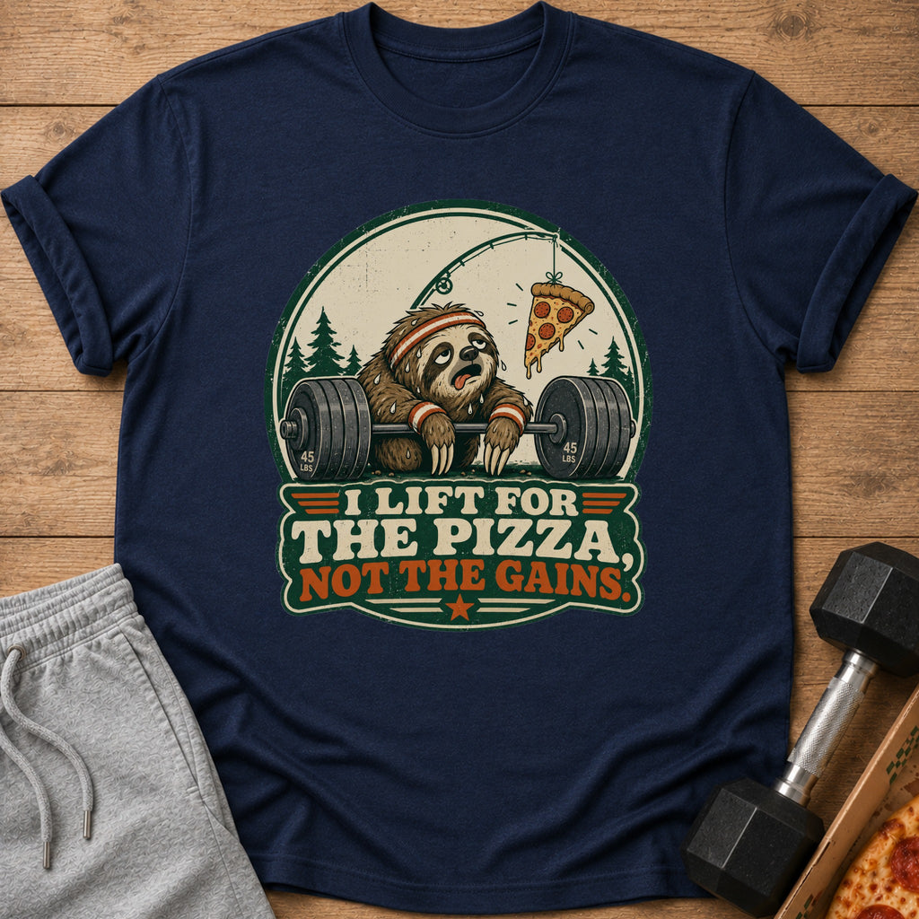 Navy t-shirt with sloth lifting weights, text "I lift for the pizza, not the gains."