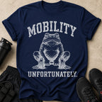 Navy t-shirt with distressed graphic of a frog lifting dumbbells, text reads "MOBILITY UNFORTUNATELY."