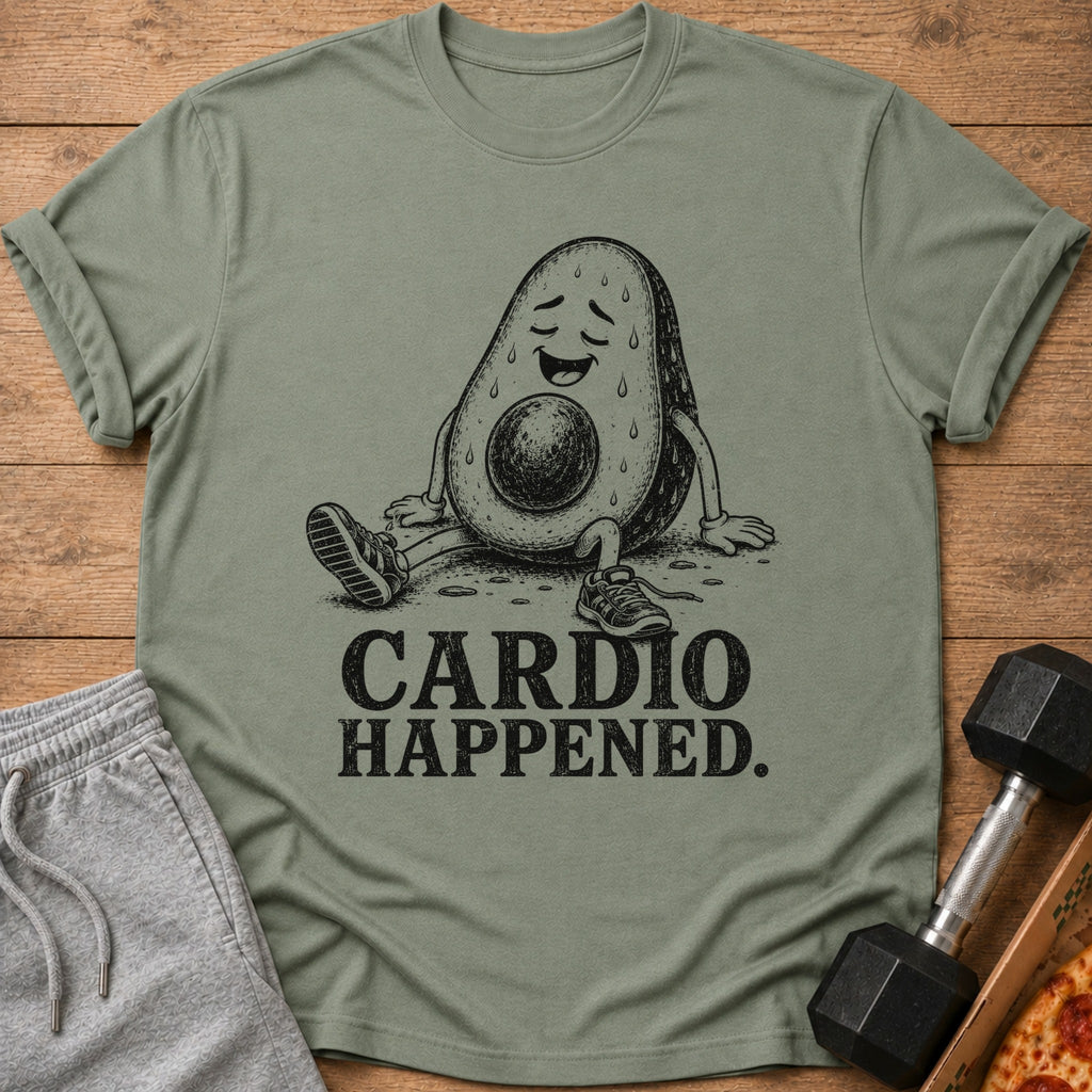T-shirt with a sweating avocado illustration and the text "CARDIO HAPPENED."