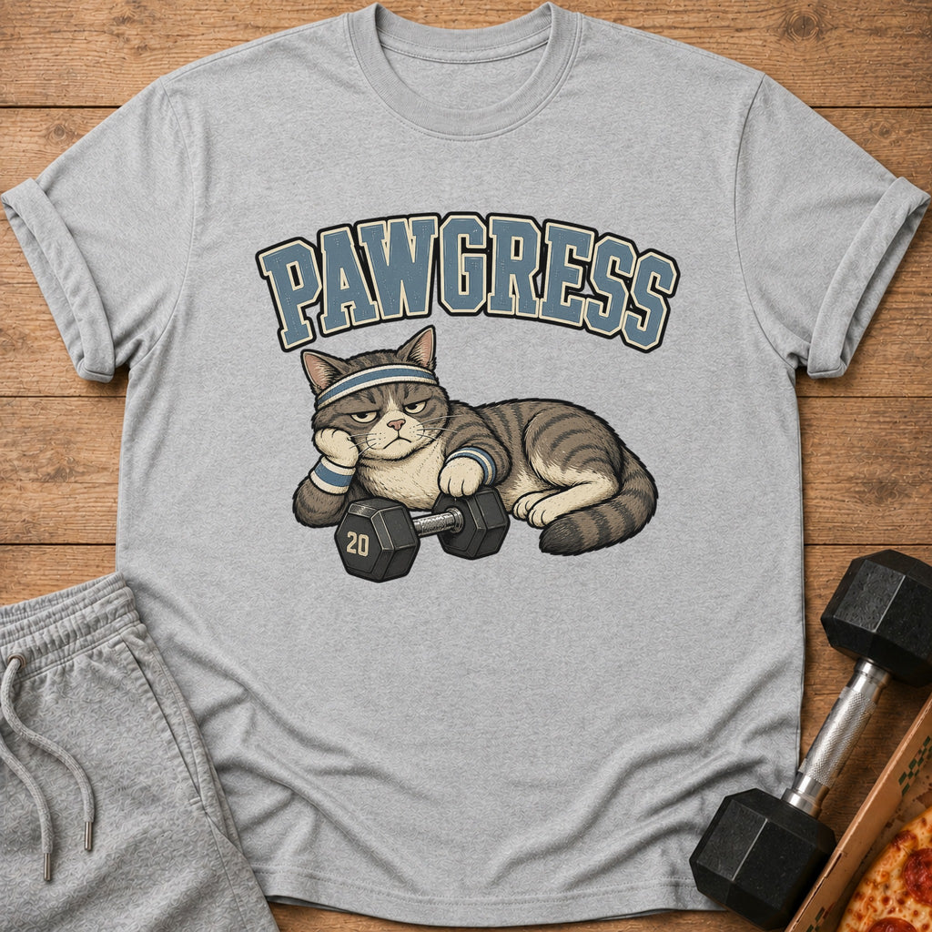 T-shirt graphic of a tired cat with a dumbbell, text reads "PAWGRESS".