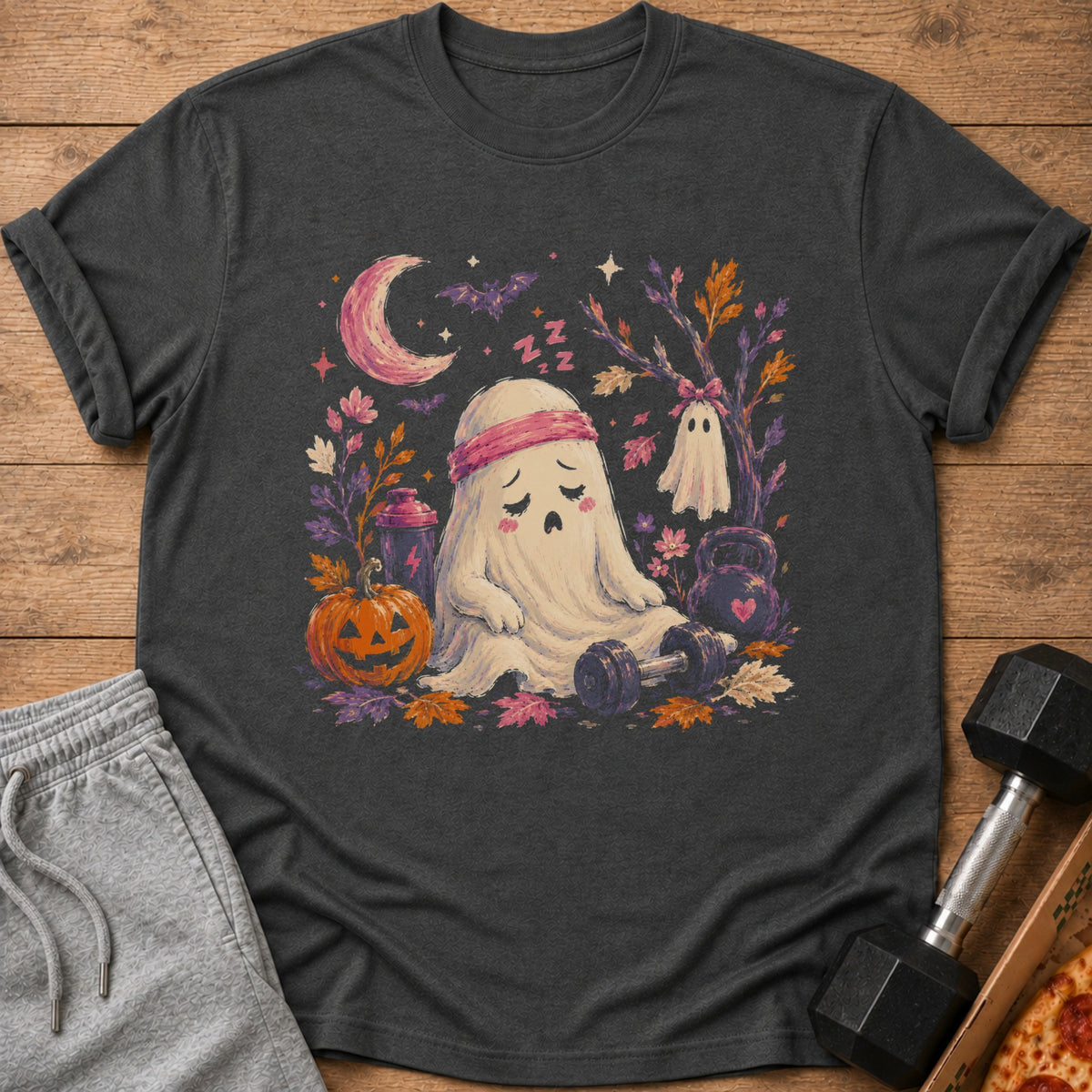 T-shirt with sleeping ghost, pumpkin, dumbbell, and moon graphic.