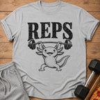 Grey t-shirt with black text "REPS" and an axolotl lifting a barbell.