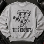 Sweatshirt with illustration of a pizza slice lifting a dumbbell and text "THIS COUNTS."