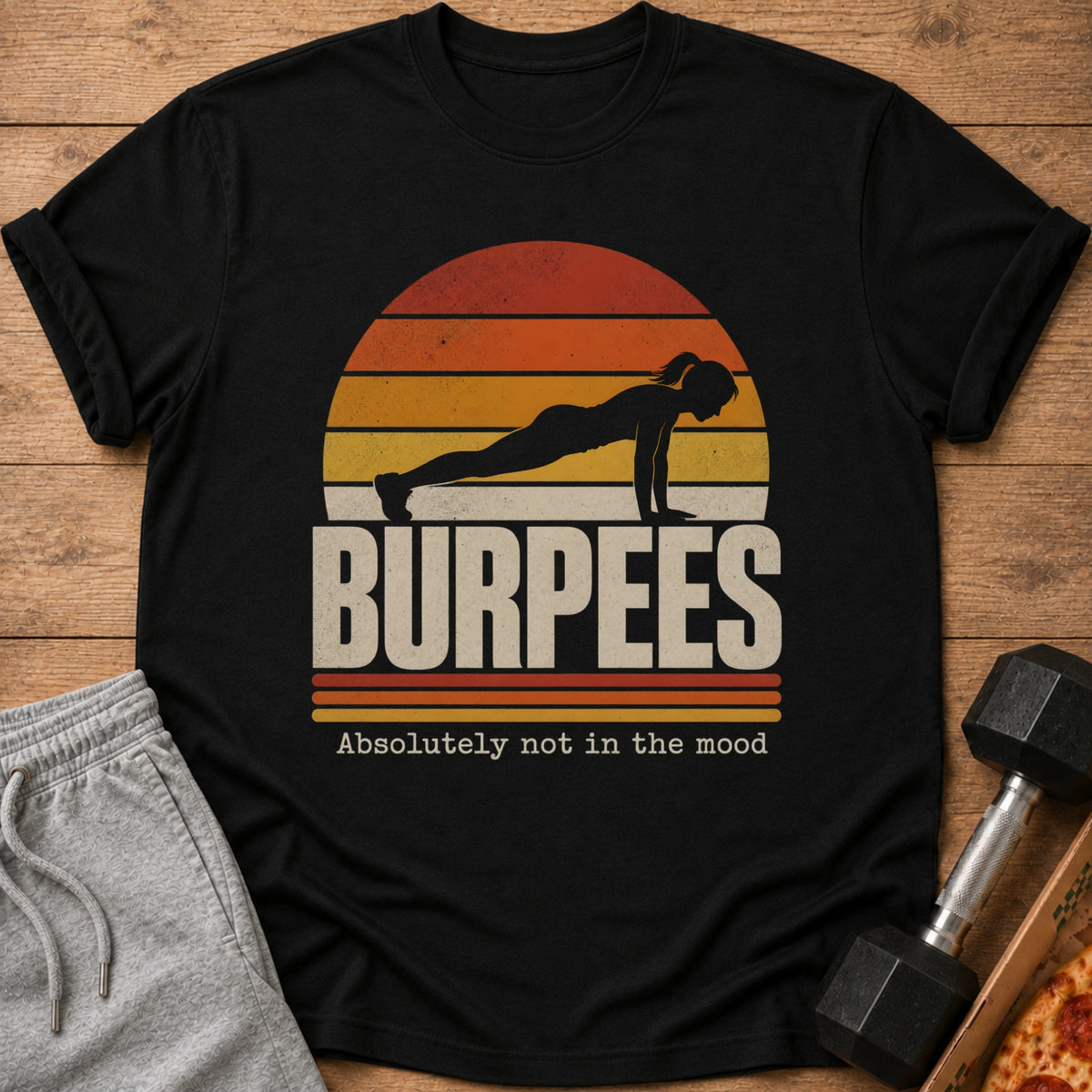 Black t-shirt with vintage sunset graphic and text "BURPEES Absolutely not in the mood".