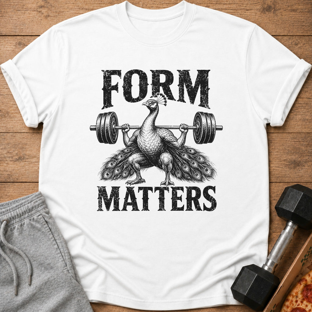 White t-shirt with black text and graphic of a peacock lifting weights.