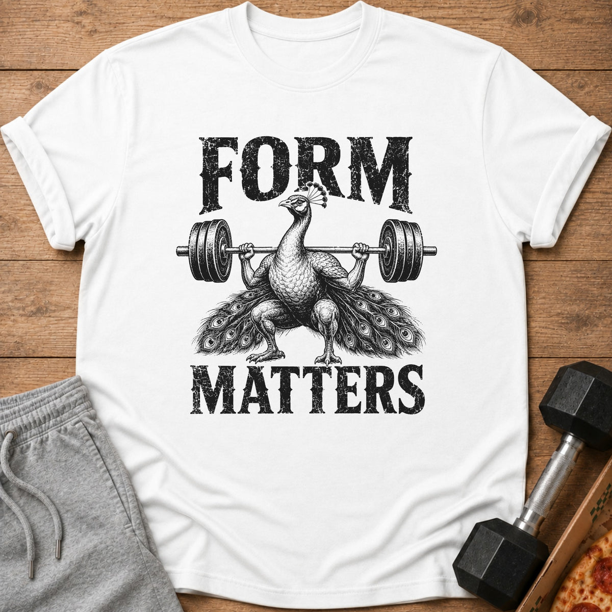 White t-shirt with black text and graphic of a peacock lifting weights.