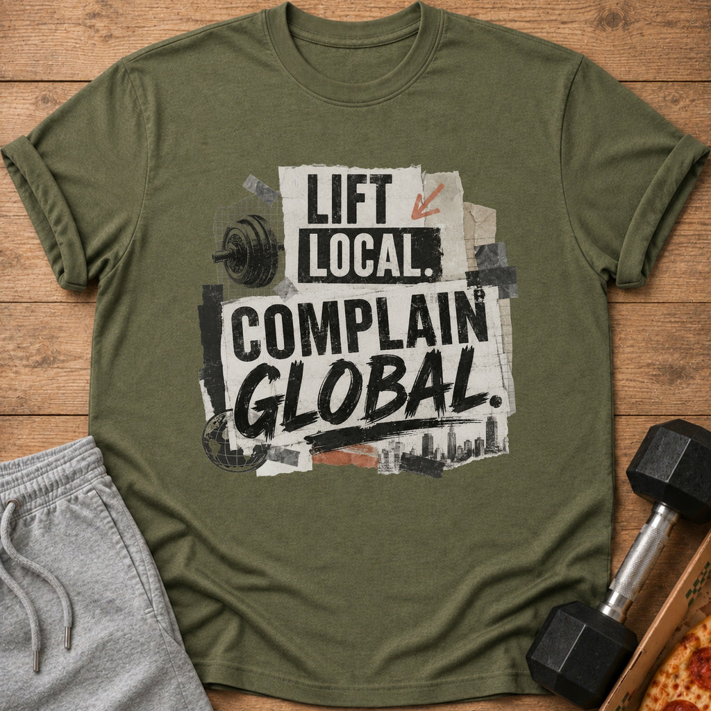 Olive green t-shirt with "Lift Local. Complain Global." text, barbell, and city skyline graphic.