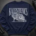 Navy sweatshirt with distressed white "KALEITHENICS" text and an illustration of a kale figure doing a plank.