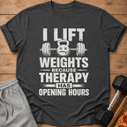 T-shirt with text "I lift weights because therapy has opening hours" and dumbbell graphic.
