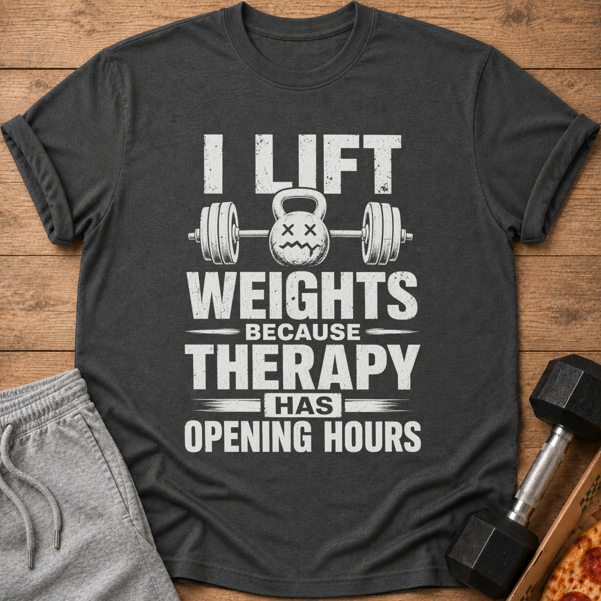 T-shirt with text "I lift weights because therapy has opening hours" and dumbbell graphic.