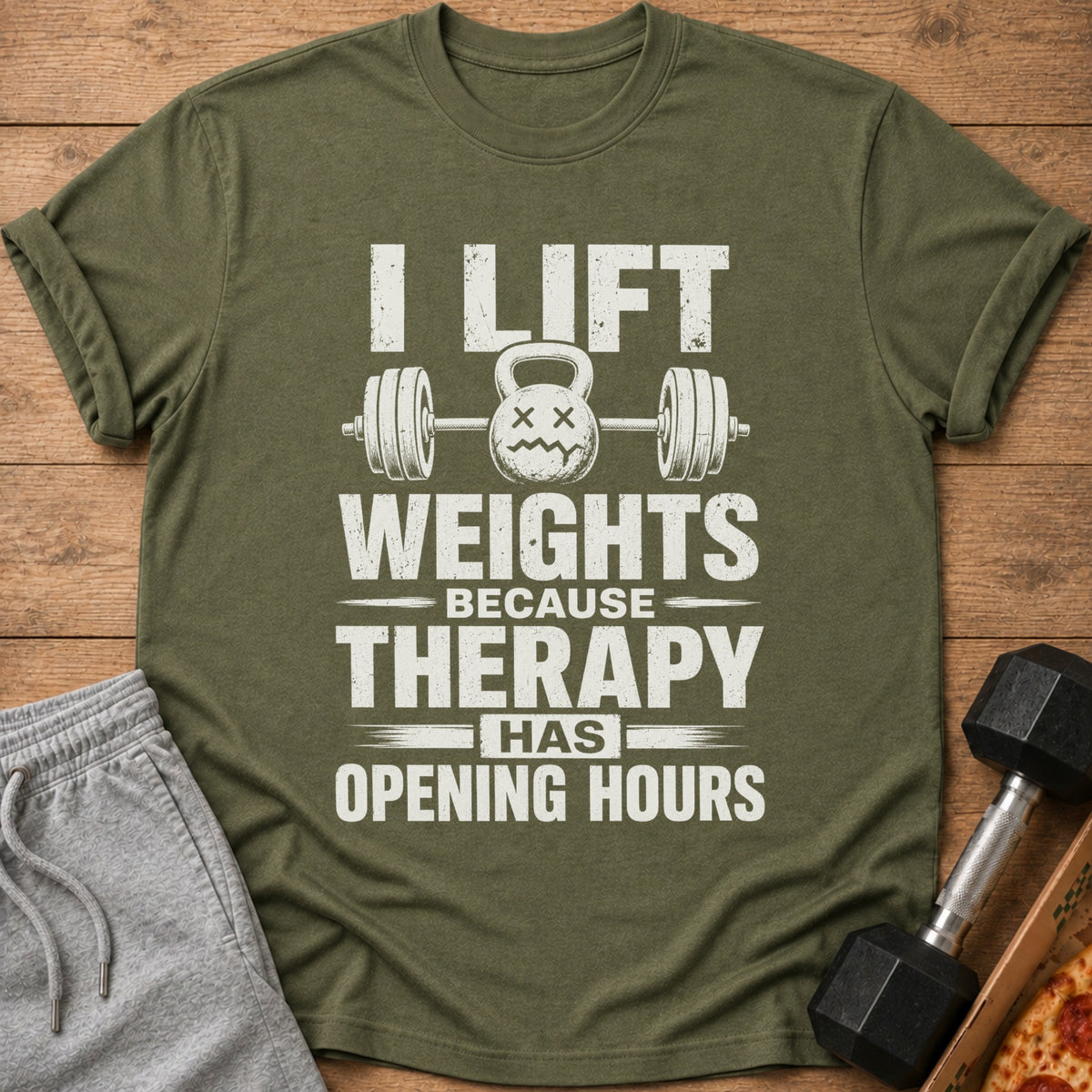 Olive t-shirt with distressed graphic: "I Lift Weights Because Therapy Has Opening Hours"